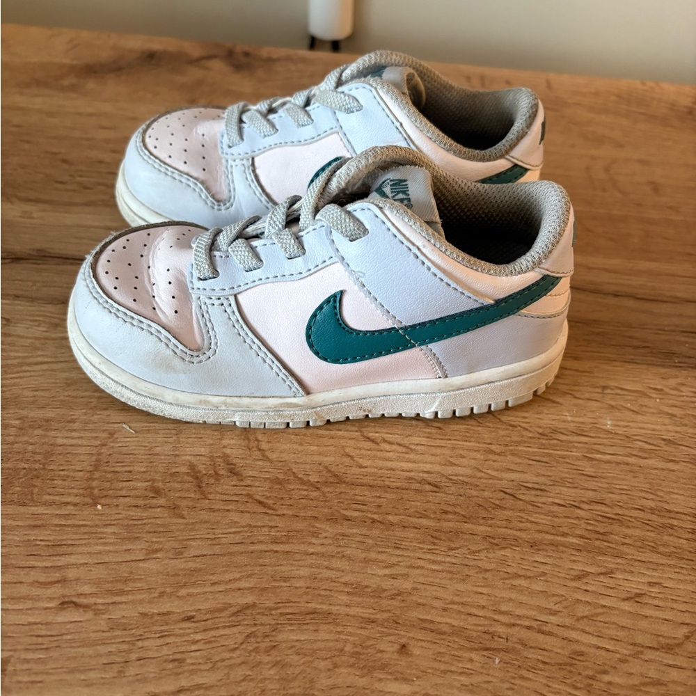 Nike Dunk Low Retro TD  Kids White and Teal  and pink Sneakers 8C